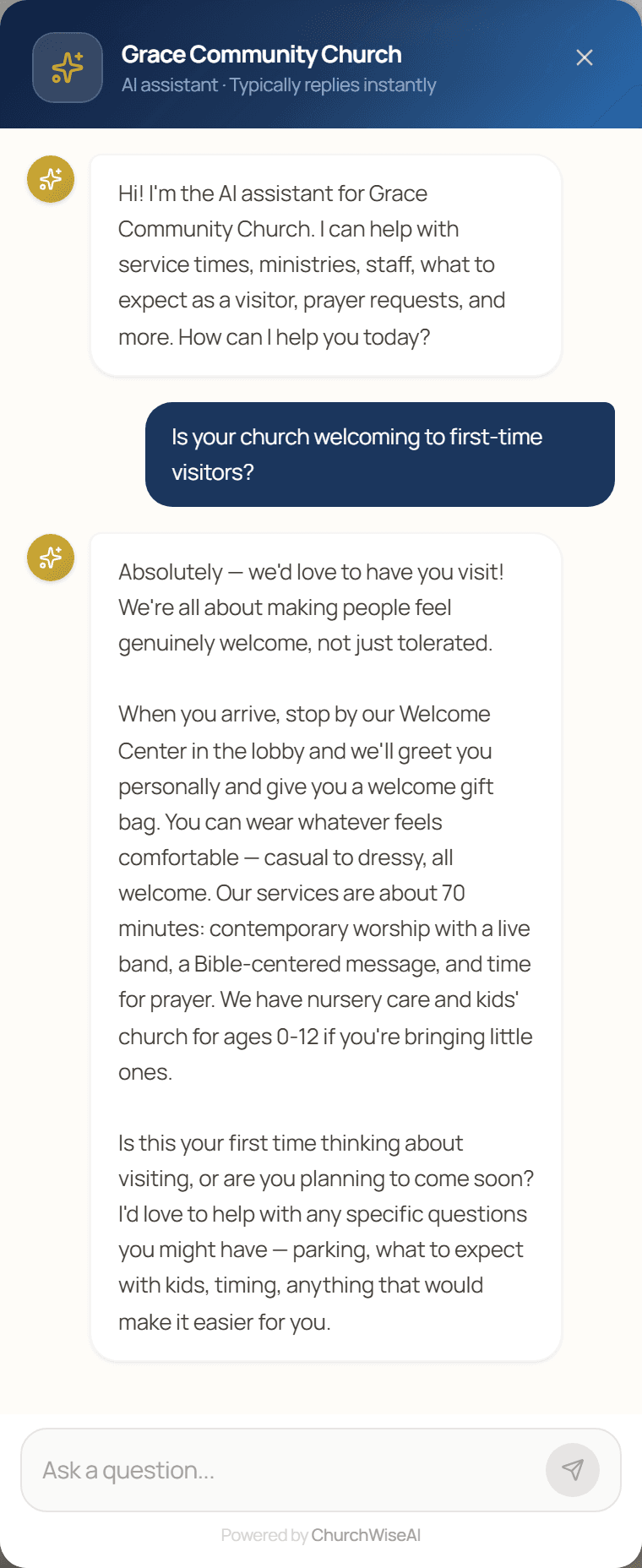 Embedded chatbot widget on a customer website showing a warm welcome and a first-time-visitor response